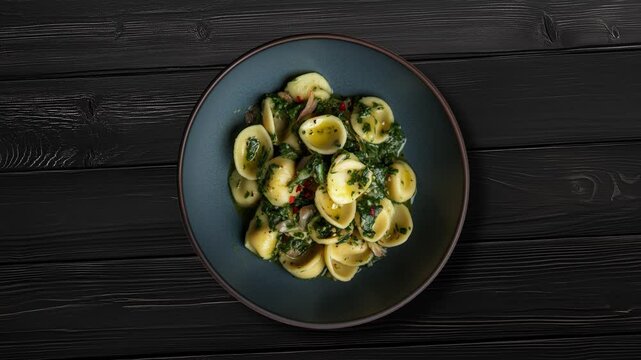 Orecchiette with turnip greens on dark wooden table, restaurant menu template
