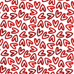Small multicolored red hearts isolated on white background. Seamless pattern. Vector simple flat graphic hand drawn illustration. Texture.