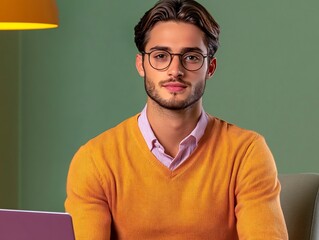 Fototapeta premium Young professional sitting on office chair, desk blurred