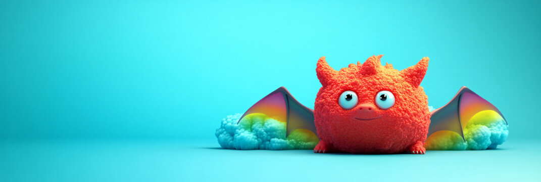 A shy, round red monster with tiny bat wings, peeking from behind a rainbow cloud on a bright turquoise background. 
