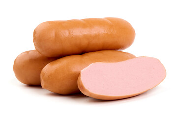 Boiled sausage, close-up, isolated on a white background.