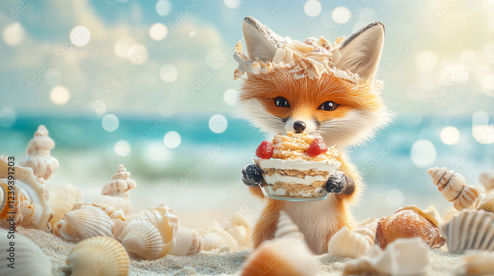 Poster a small fox balancing a multi-layered dessert trifle in its paws, surrounded by seashells and a boke