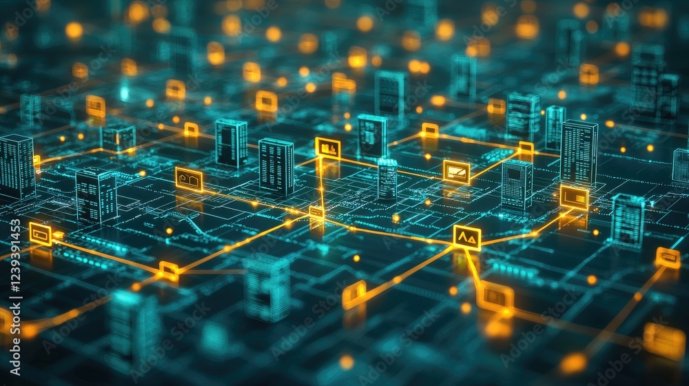 Poster digital cityscape illustrating networked data systems