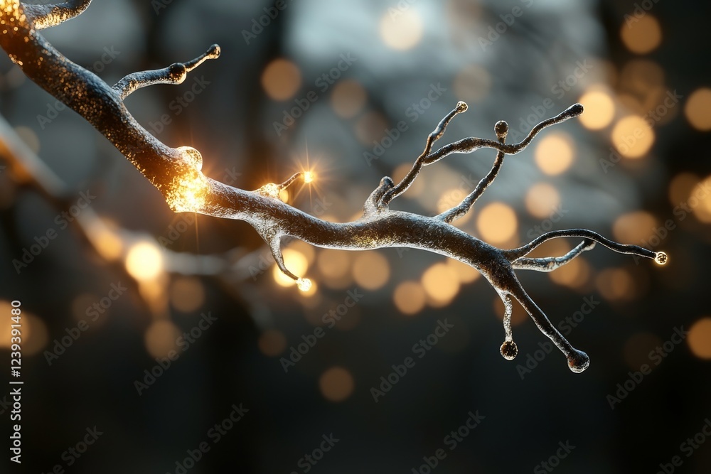 Poster a 3d rendering shows a blue synapse and neuron against a blue backdrop