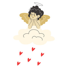 Cupid sits on a cloud, from which a magical rain of red hearts falls, creating an atmosphere of love and romance