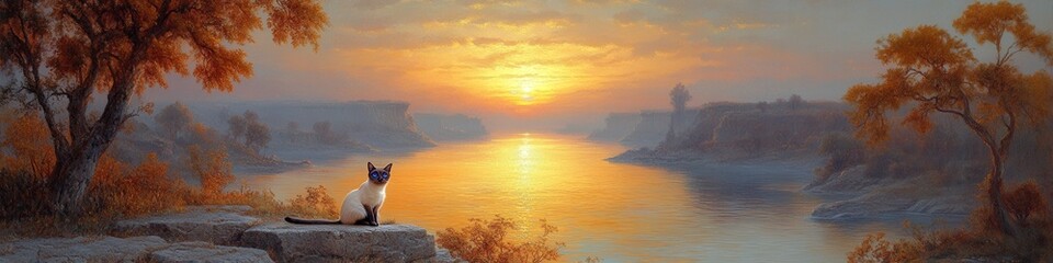 Breathtaking Autumn River Sunset Overlook with Dog Silhouette, Serene Water Reflection, Vibrant Foliage and Towering Cliffs in Tranquil Landscape Panorama