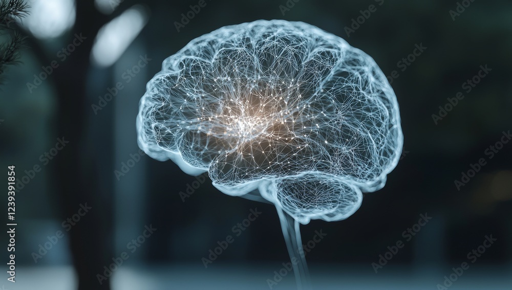 Poster human brain connectivity illustrated with an abstract backdrop and a network of plexus lines, reserv