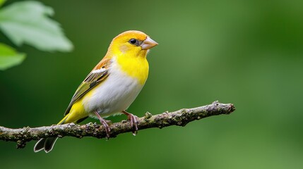 Fototapeta premium Yellow bird perched on branch, green background, nature scene, wildlife photography