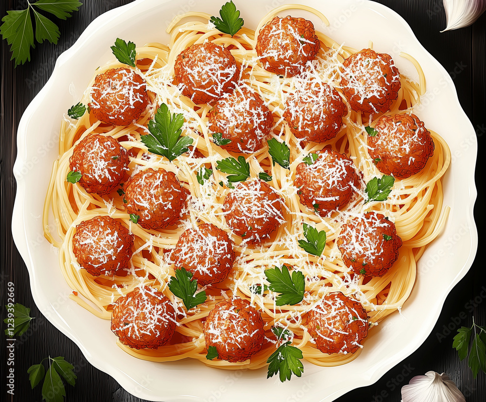 Poster bowl with spagheti and meatballs topped with grated cheese