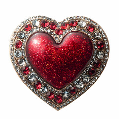 A sparkly red heart-shaped brooch with rhinestones against pure white background.