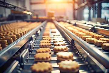 Fototapeta premium Golden Brown Cookies on Conveyor Belt in Factory Setting