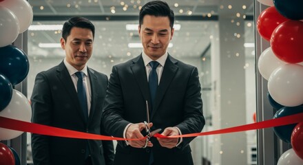 New Business open, Grand Opening of new bussines, bussinesman cutting ribbon , start of business concept 