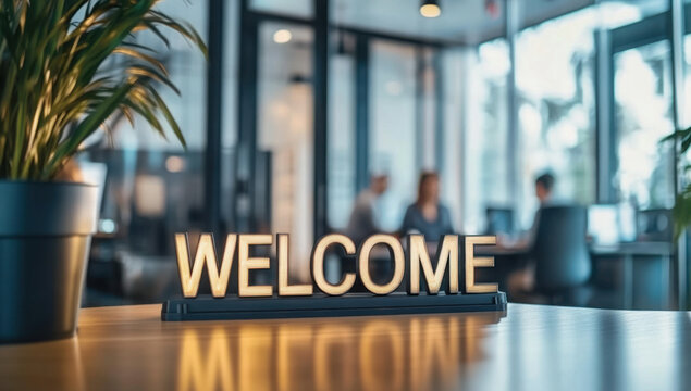 A 'welcome' sign on a desk symbolizes a friendly onboarding process in a modern office. 
