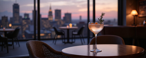 Chic cocktail in elegant glass with city skyline view at sunset in upscale lounge setting

