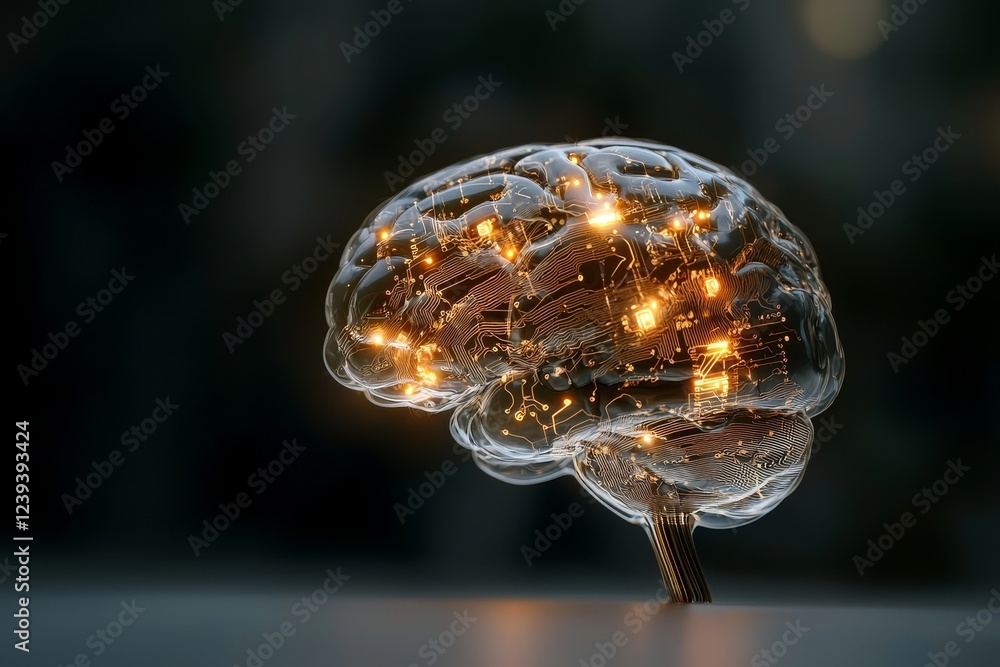 Poster a human brain demonstrating intelligent thinking through the concept of a neural network printed cir