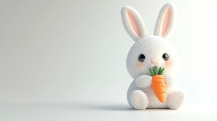 Cute Soft Bunny Holding Carrot on White Background for Kids Themes