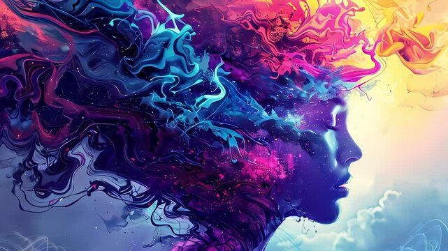 Video of woman with vibrant swirling waves, cosmic textures, and vivid colors on a soft gradient background. Concept of creativity, imagination and emotional intelligence