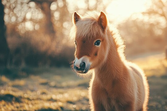 Image of an adorable Shetland pony foal in springtime on a field