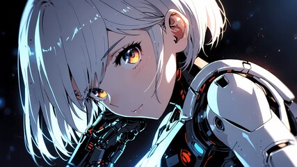 Obraz premium Futuristic Cyborg with Robotic Arm and Vivid Eyes in a High-Tech Setting