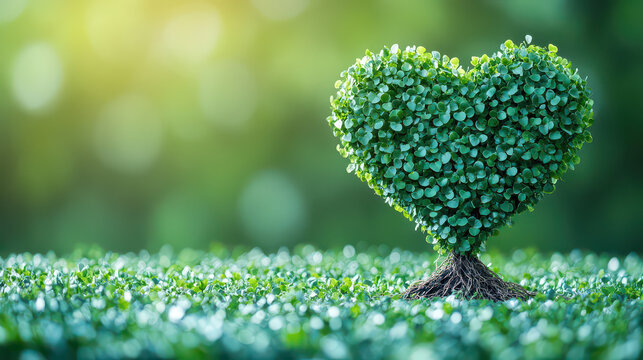 green heart shape tree grow on grass background with bokeh, idea of earth day, copy space