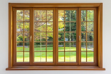 New wooden PVC window with brown metal frame installed at modern house, view of blurred green trees, blue sky. Advertising. Typical installation of insulated glazing windows with uPVC window frames.