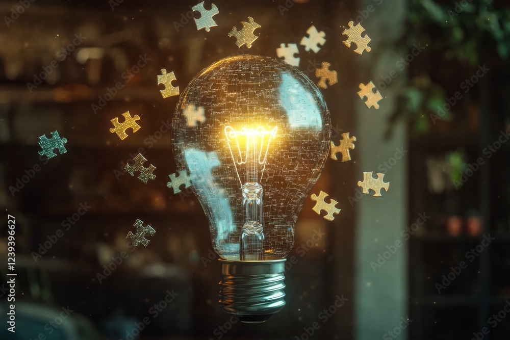 Poster this concept features a glowing light bulb surrounded by floating digital puzzle pieces, symbolizing