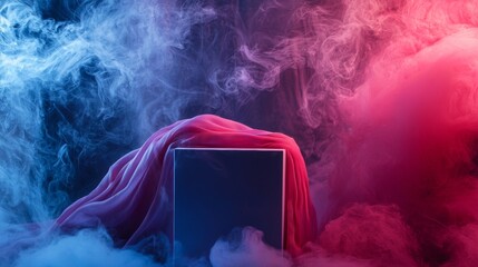 Surreal misty setup with draped fabric and neon hues