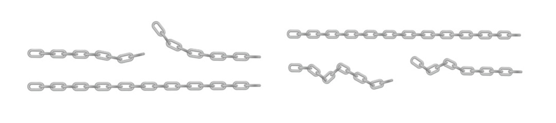 Free metal chain with whole or break steel chrome links. Collection of seamless metal chains colored silver. Vector