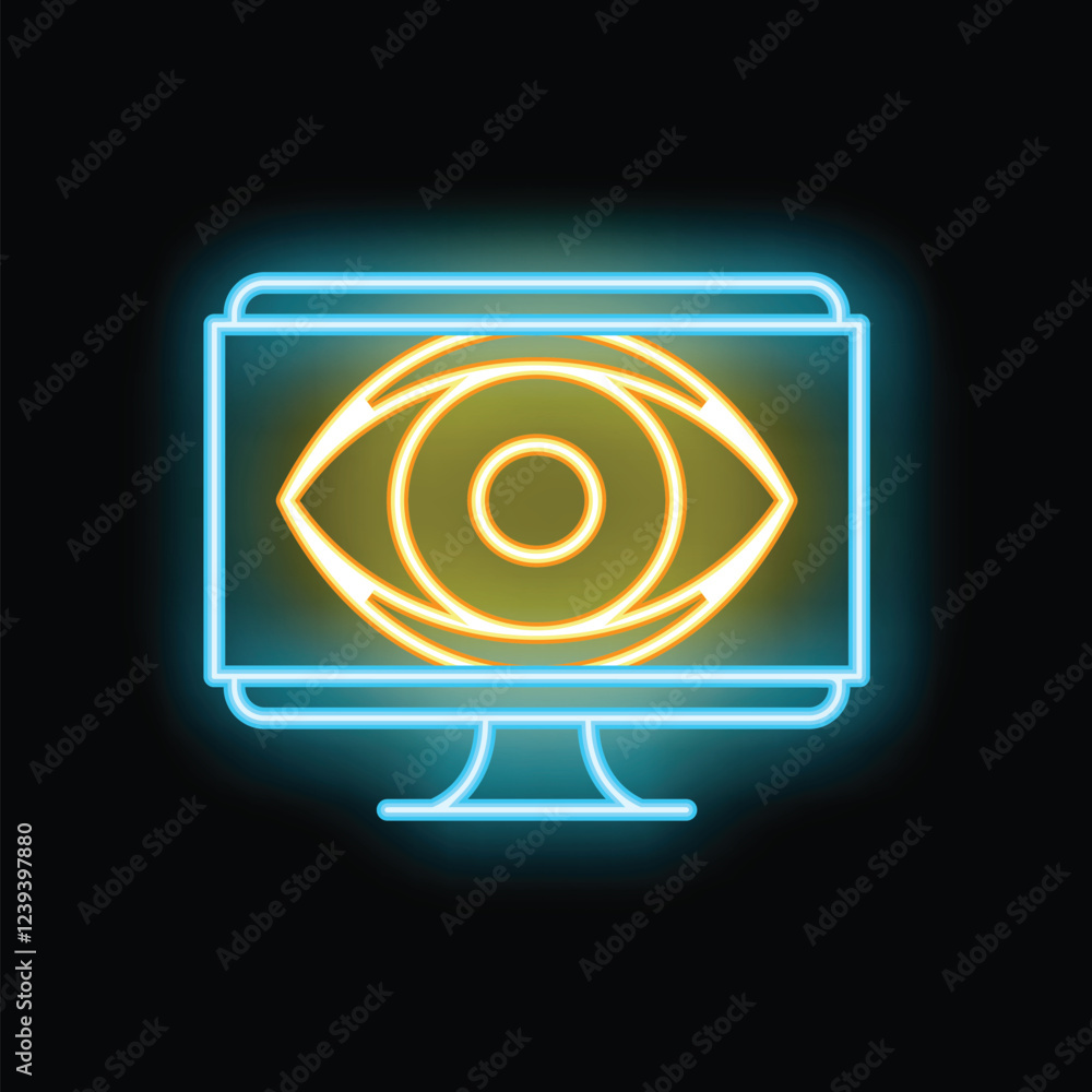 Poster neon icon of an eye showing through a computer screen display, representing concepts such as cyberse