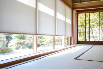 Fototapeta premium Wooden blinds on large windows, sunlight. Elegant living room interior with houseplants, wood blinds. Motorized jalousie in the smart house. Modern window shutters, roller. Duo system day and night.