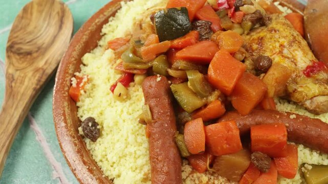 gros plan sur un plat du couscous au poulet et merguez