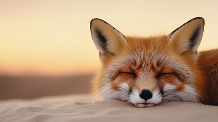 Fototapeta premium Close-up of a red fox sleeping on sandy ground. Wild fox sleeping during golden hour.