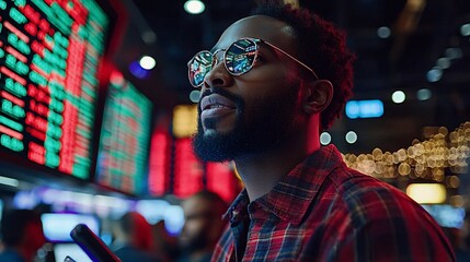Obraz premium Man observes stock market data, city lights background