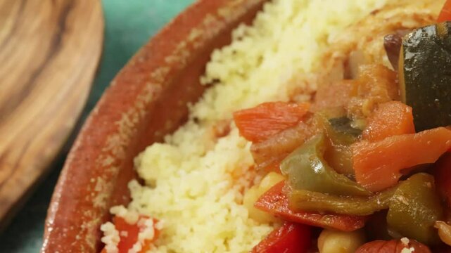 gros plan sur un plat du couscous au poulet et merguez