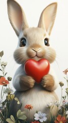 Obraz premium Cute fluffy rabbit holding a red heart surrounded by colorful flowers in a cheerful garden setting