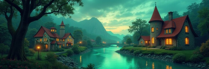 Fototapeta premium Enchanting twilight landscape featuring charming cottages by a serene river, surrounded by lush greenery and majestic mountains. Perfect for travel, real estate, and lifestyle themes.