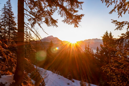 Dramatic winter sunrise over Dobratsch mountain peak. Through snow-covered pine trees in Bad Bleiberg, Carinthia, Austria. Golden sunburst illuminating alpine landscape with warm morning light - Powered by Adobe