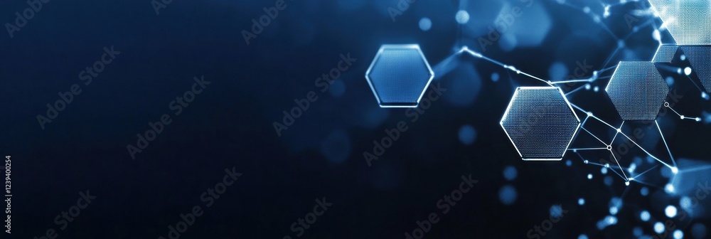 Poster dark blue background with white futuristic elements and hexagons, creating an abstract, tech-inspire