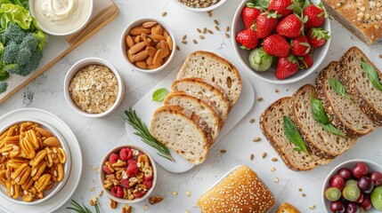 A flat lay of various types of bread, including multigrain and baguette, with healthy toppings on a white table. Perfect for a nutritious breakfast