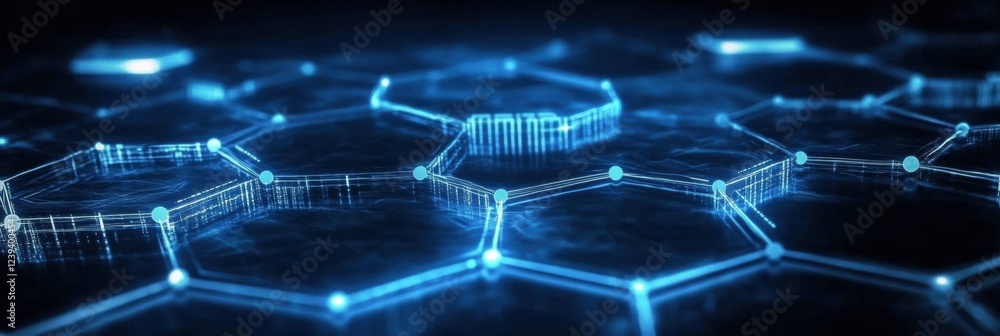 Poster dark blue background with white hexagonal elements and data flow lines, representing digital technol