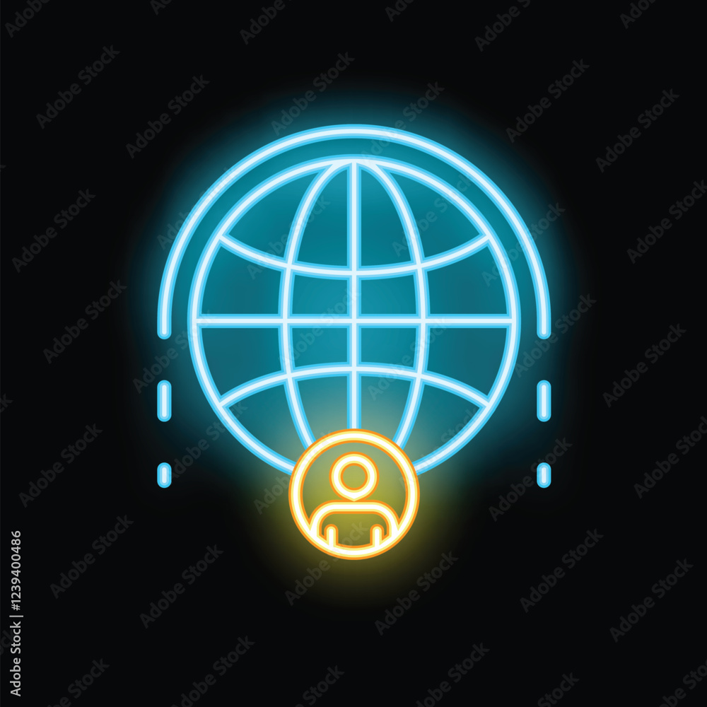 Poster neon icon representing global connection with a person below a globe surrounded by data traffic