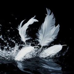 Obraz premium Feathers in water with splashes of water on a black background