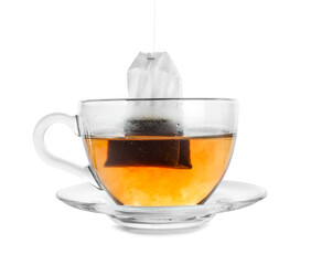 Cup with teabag isolated on white. Brewing aromatic tea