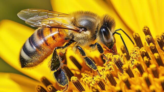 Close-up of a bee collecting pollen from a vibrant yellow flower in a sunny garden during summer - Powered by Adobe