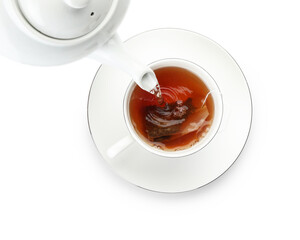 Pouring hot water into cup with tea bag on white background, top view