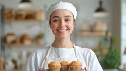 Smiling young woman baker holds a tray of muffins in a bright bakery setting. Warm lighting, shallow depth of field. She wears a white baker's hat and apron.