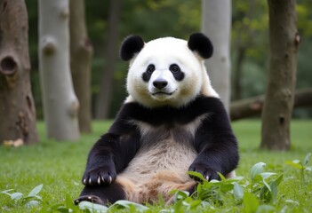 Fototapeta premium Giant panda sitting in lush green forest. Cute animal in natural habitat. Wildlife scene for nature, conservation, and educational projects.