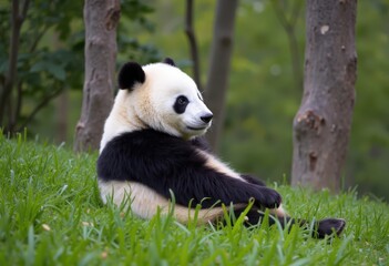 Obraz premium Giant panda sitting in lush green forest. Cute animal in natural habitat. Wildlife scene for nature, conservation, and educational projects.