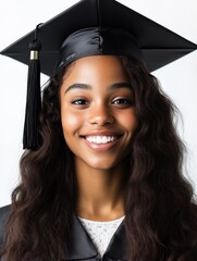 Smiling graduate wearing cap and gown poses against a neutral background, celebrating academic achievement and future opportunities