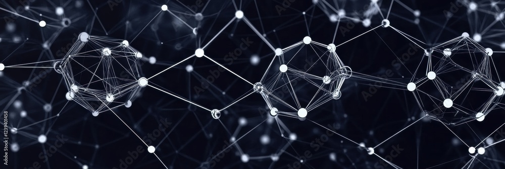 Poster dark blue background with white lines and hexagons, creating an abstract, tech-inspired banner for d